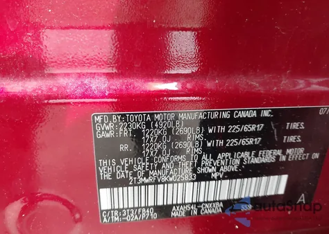 2019 Toyota Rav4 Le z USA, uszkodzony, nr VIN 2T3MWRFV8KW025833